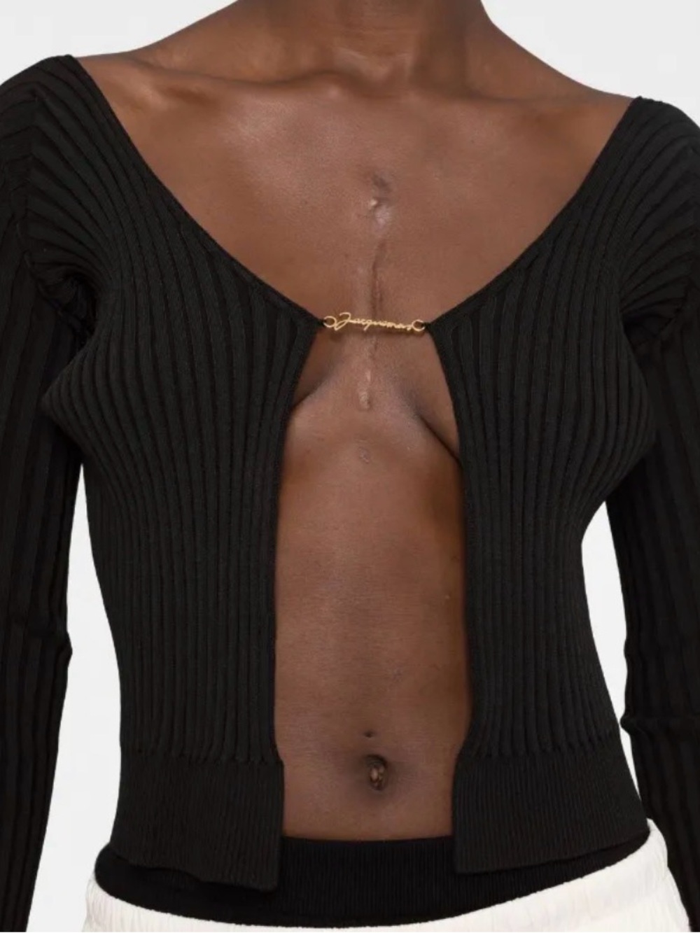 Jacquemus Black Ribbed V-Neck Long Sleeve Top gold logo